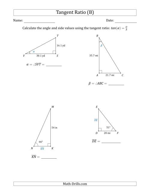The Calculating Angle and Side Values Using the Tangent Ratio (B) Math Worksheet