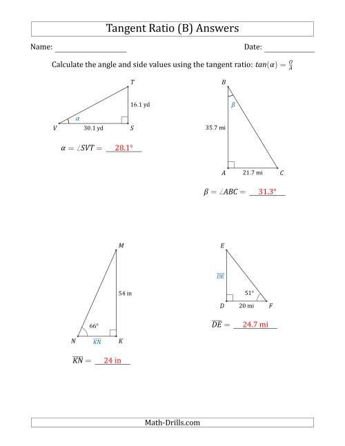 The Calculating Angle and Side Values Using the Tangent Ratio (B) Math Worksheet Page 2