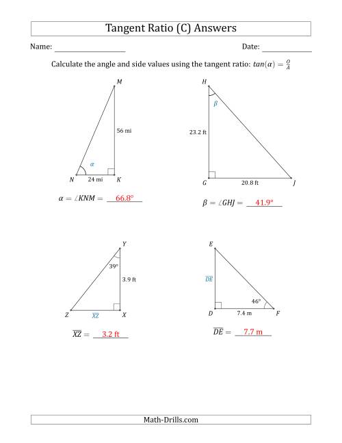 The Calculating Angle and Side Values Using the Tangent Ratio (C) Math Worksheet Page 2