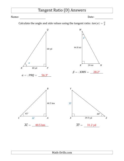 The Calculating Angle and Side Values Using the Tangent Ratio (D) Math Worksheet Page 2