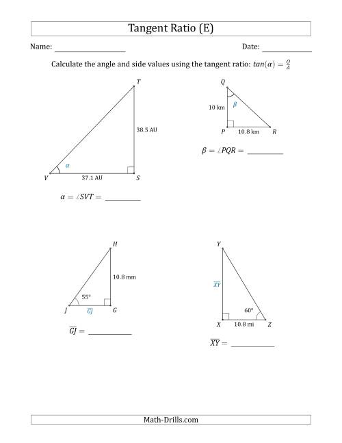 The Calculating Angle and Side Values Using the Tangent Ratio (E) Math Worksheet