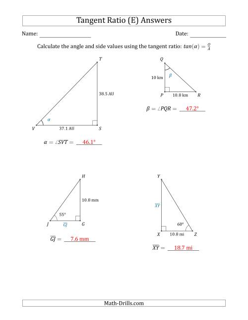 The Calculating Angle and Side Values Using the Tangent Ratio (E) Math Worksheet Page 2