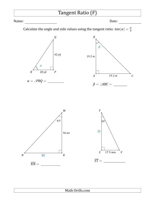 The Calculating Angle and Side Values Using the Tangent Ratio (F) Math Worksheet