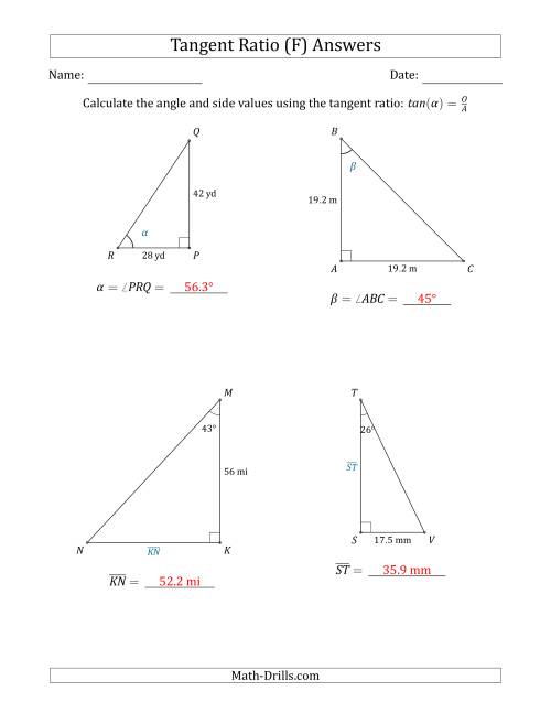 The Calculating Angle and Side Values Using the Tangent Ratio (F) Math Worksheet Page 2