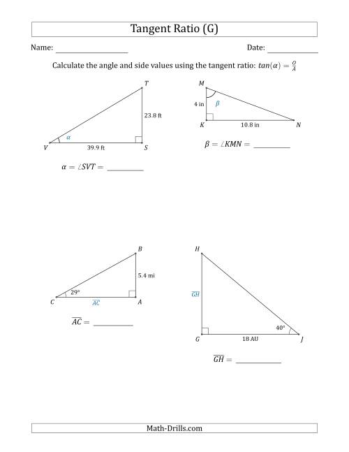 The Calculating Angle and Side Values Using the Tangent Ratio (G) Math Worksheet