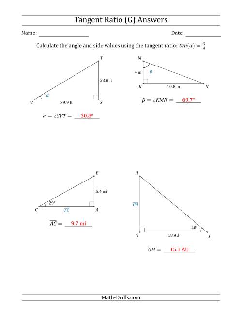The Calculating Angle and Side Values Using the Tangent Ratio (G) Math Worksheet Page 2
