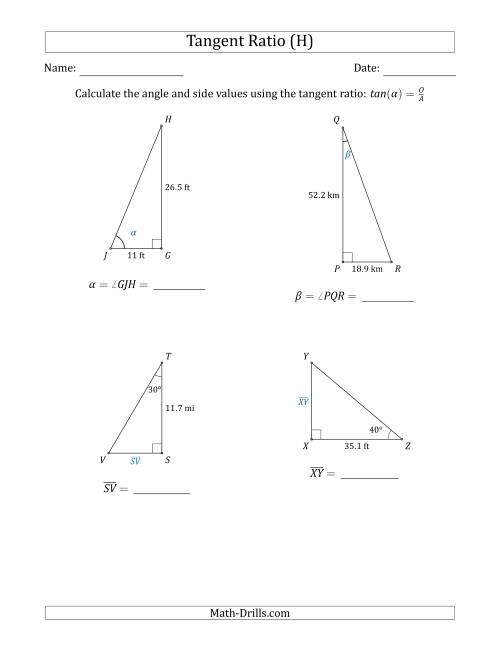 The Calculating Angle and Side Values Using the Tangent Ratio (H) Math Worksheet
