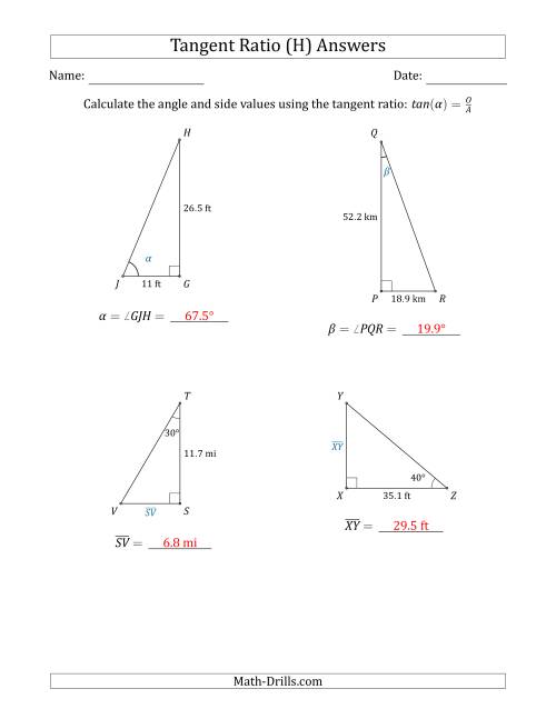 The Calculating Angle and Side Values Using the Tangent Ratio (H) Math Worksheet Page 2