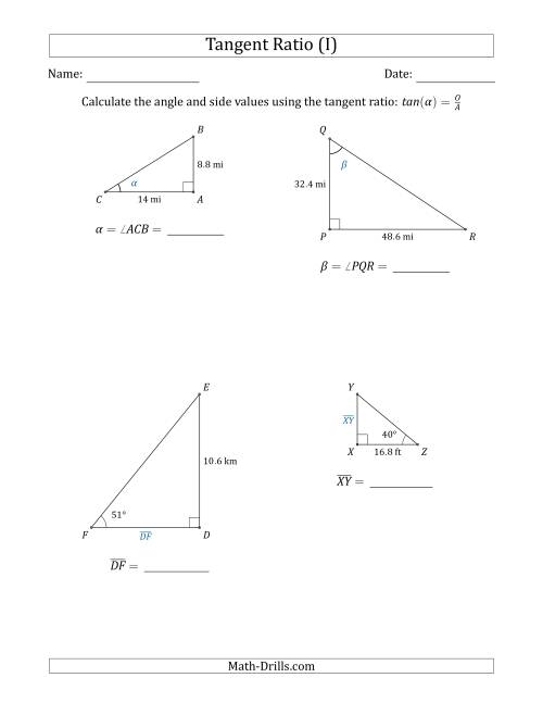 The Calculating Angle and Side Values Using the Tangent Ratio (I) Math Worksheet