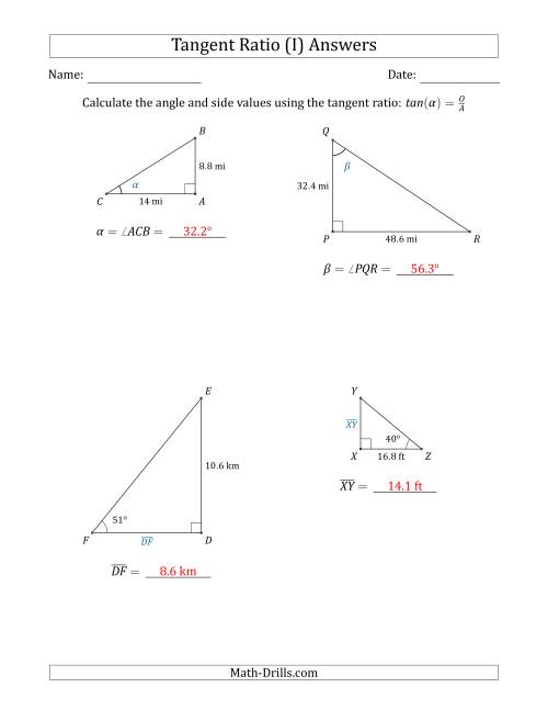 The Calculating Angle and Side Values Using the Tangent Ratio (I) Math Worksheet Page 2