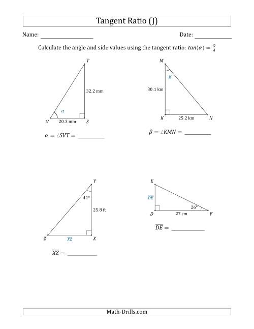 The Calculating Angle and Side Values Using the Tangent Ratio (J) Math Worksheet