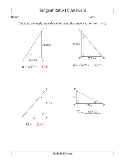 The Calculating Angle and Side Values Using the Tangent Ratio (J) Math Worksheet Page 2