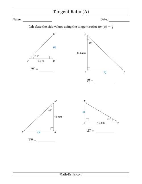 The Calculating Side Values Using the Tangent Ratio (A) Math Worksheet