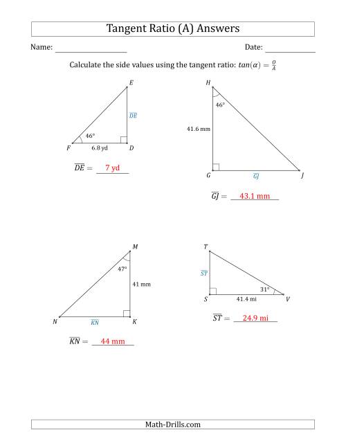 The Calculating Side Values Using the Tangent Ratio (A) Math Worksheet Page 2