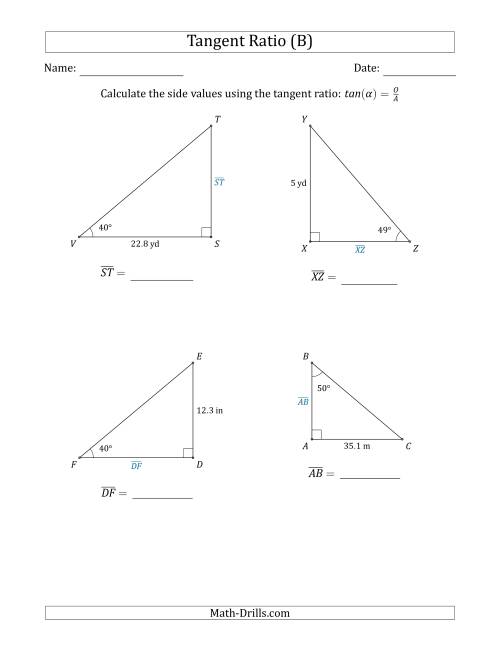 The Calculating Side Values Using the Tangent Ratio (B) Math Worksheet