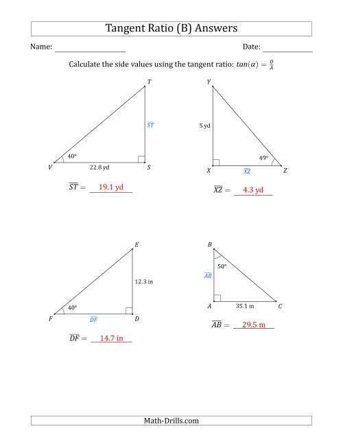 The Calculating Side Values Using the Tangent Ratio (B) Math Worksheet Page 2