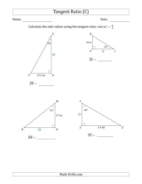 The Calculating Side Values Using the Tangent Ratio (C) Math Worksheet
