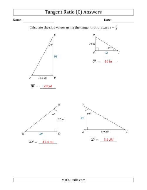 The Calculating Side Values Using the Tangent Ratio (C) Math Worksheet Page 2