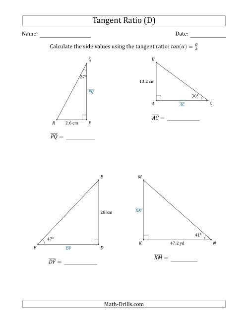 The Calculating Side Values Using the Tangent Ratio (D) Math Worksheet
