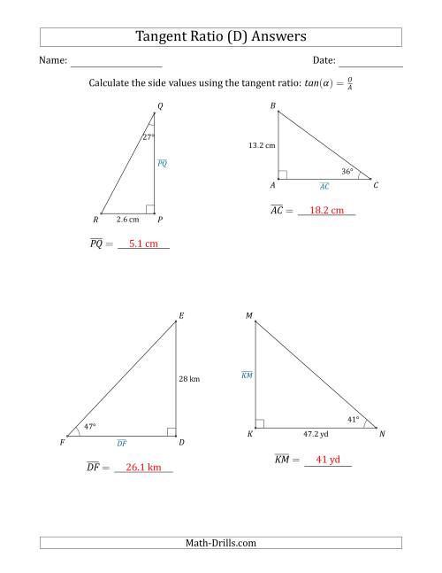 The Calculating Side Values Using the Tangent Ratio (D) Math Worksheet Page 2
