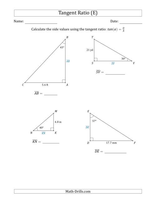The Calculating Side Values Using the Tangent Ratio (E) Math Worksheet