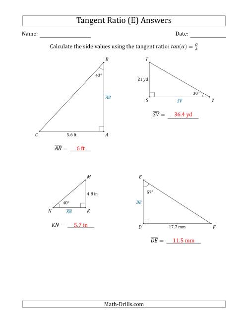 The Calculating Side Values Using the Tangent Ratio (E) Math Worksheet Page 2