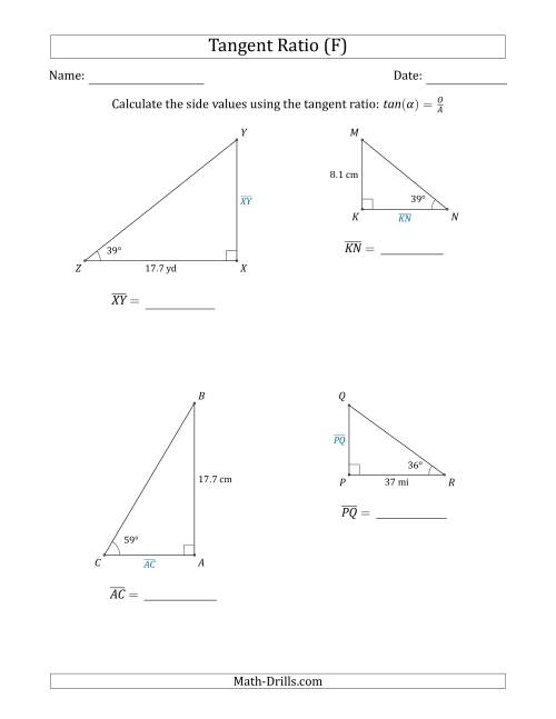 The Calculating Side Values Using the Tangent Ratio (F) Math Worksheet