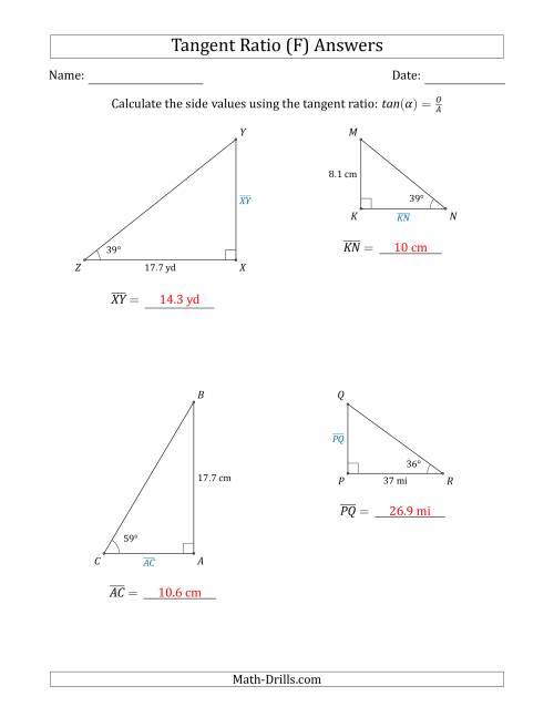 The Calculating Side Values Using the Tangent Ratio (F) Math Worksheet Page 2