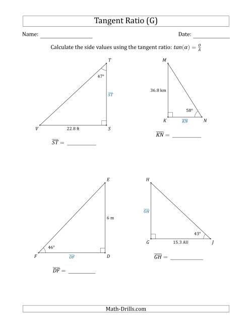 The Calculating Side Values Using the Tangent Ratio (G) Math Worksheet