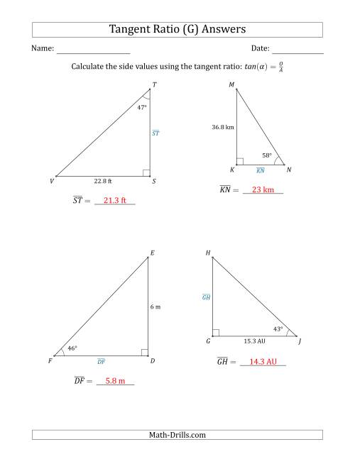 The Calculating Side Values Using the Tangent Ratio (G) Math Worksheet Page 2