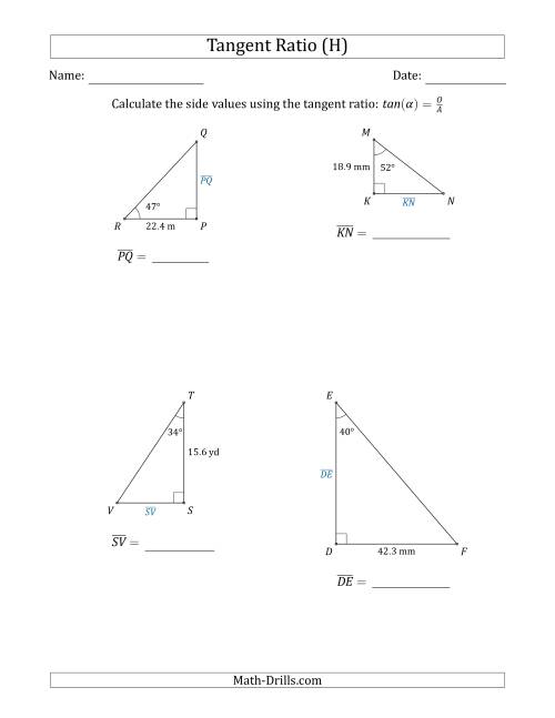 The Calculating Side Values Using the Tangent Ratio (H) Math Worksheet