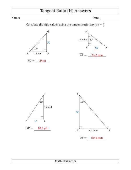 The Calculating Side Values Using the Tangent Ratio (H) Math Worksheet Page 2