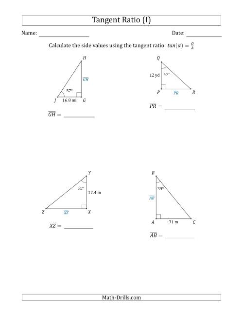 The Calculating Side Values Using the Tangent Ratio (I) Math Worksheet