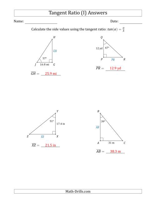 The Calculating Side Values Using the Tangent Ratio (I) Math Worksheet Page 2
