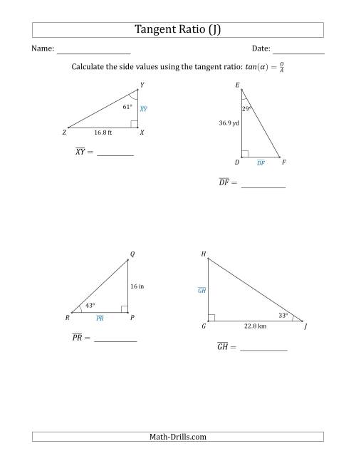 The Calculating Side Values Using the Tangent Ratio (J) Math Worksheet