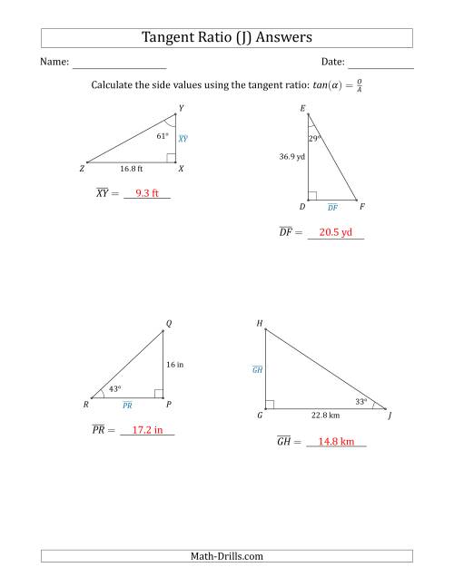 The Calculating Side Values Using the Tangent Ratio (J) Math Worksheet Page 2