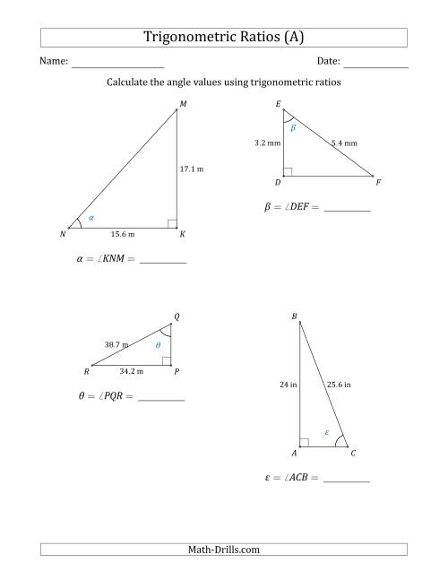 The Calculating Angle Values Using Trigonometric Ratios (A) Math Worksheet