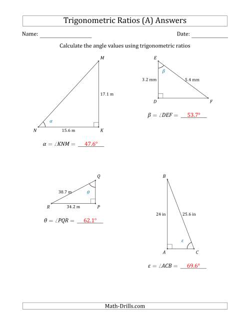 The Calculating Angle Values Using Trigonometric Ratios (A) Math Worksheet Page 2