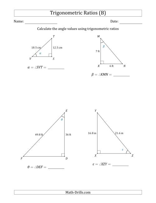 The Calculating Angle Values Using Trigonometric Ratios (B) Math Worksheet