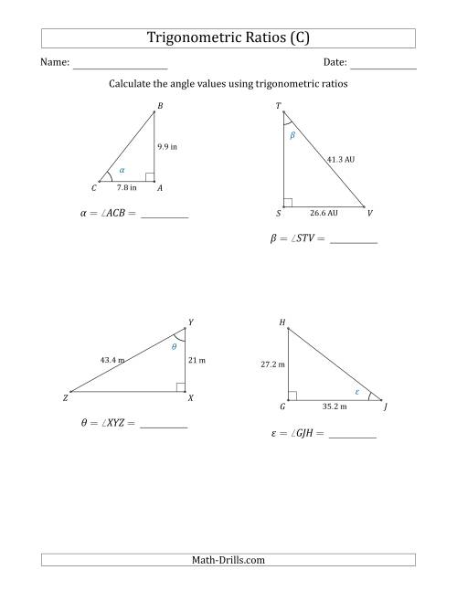The Calculating Angle Values Using Trigonometric Ratios (C) Math Worksheet