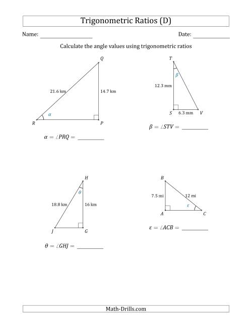 The Calculating Angle Values Using Trigonometric Ratios (D) Math Worksheet