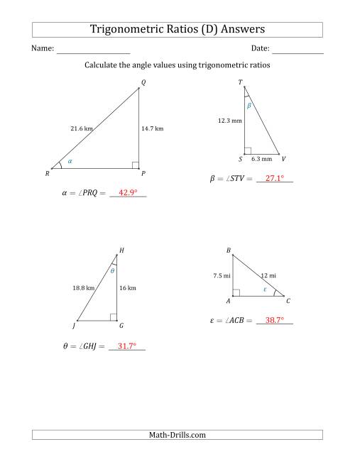 The Calculating Angle Values Using Trigonometric Ratios (D) Math Worksheet Page 2