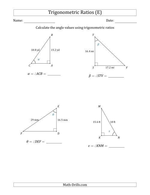 The Calculating Angle Values Using Trigonometric Ratios (E) Math Worksheet