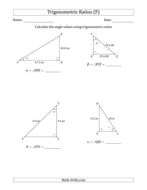 The Calculating Angle Values Using Trigonometric Ratios (F) Math Worksheet