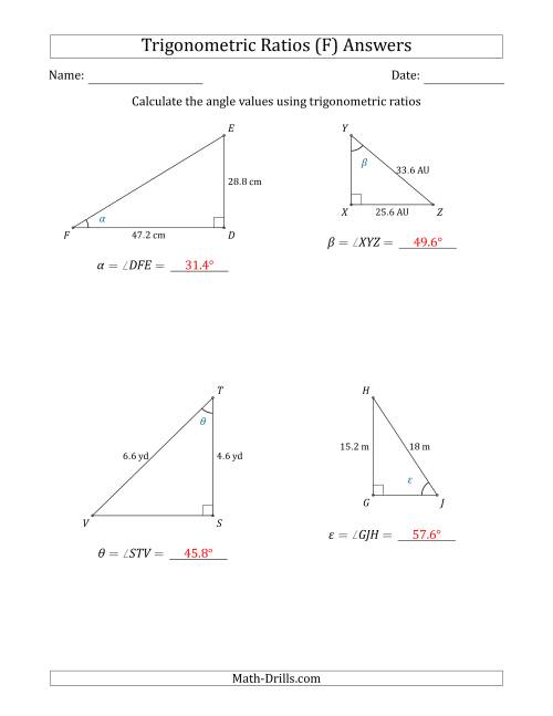 The Calculating Angle Values Using Trigonometric Ratios (F) Math Worksheet Page 2