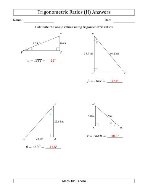 The Calculating Angle Values Using Trigonometric Ratios (H) Math Worksheet Page 2