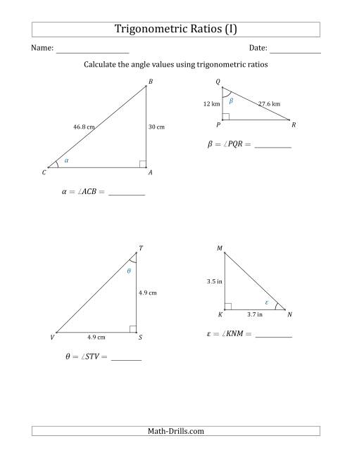 The Calculating Angle Values Using Trigonometric Ratios (I) Math Worksheet