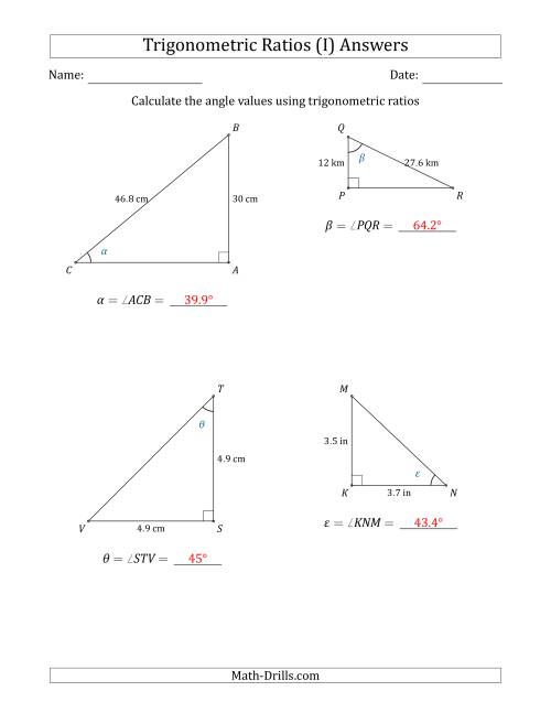 The Calculating Angle Values Using Trigonometric Ratios (I) Math Worksheet Page 2