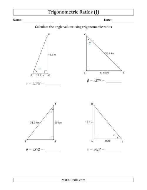 The Calculating Angle Values Using Trigonometric Ratios (J) Math Worksheet
