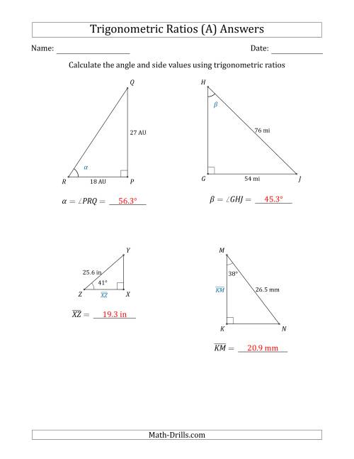 The Calculating Angle and Side Values Using Trigonometric Ratios (A) Math Worksheet Page 2